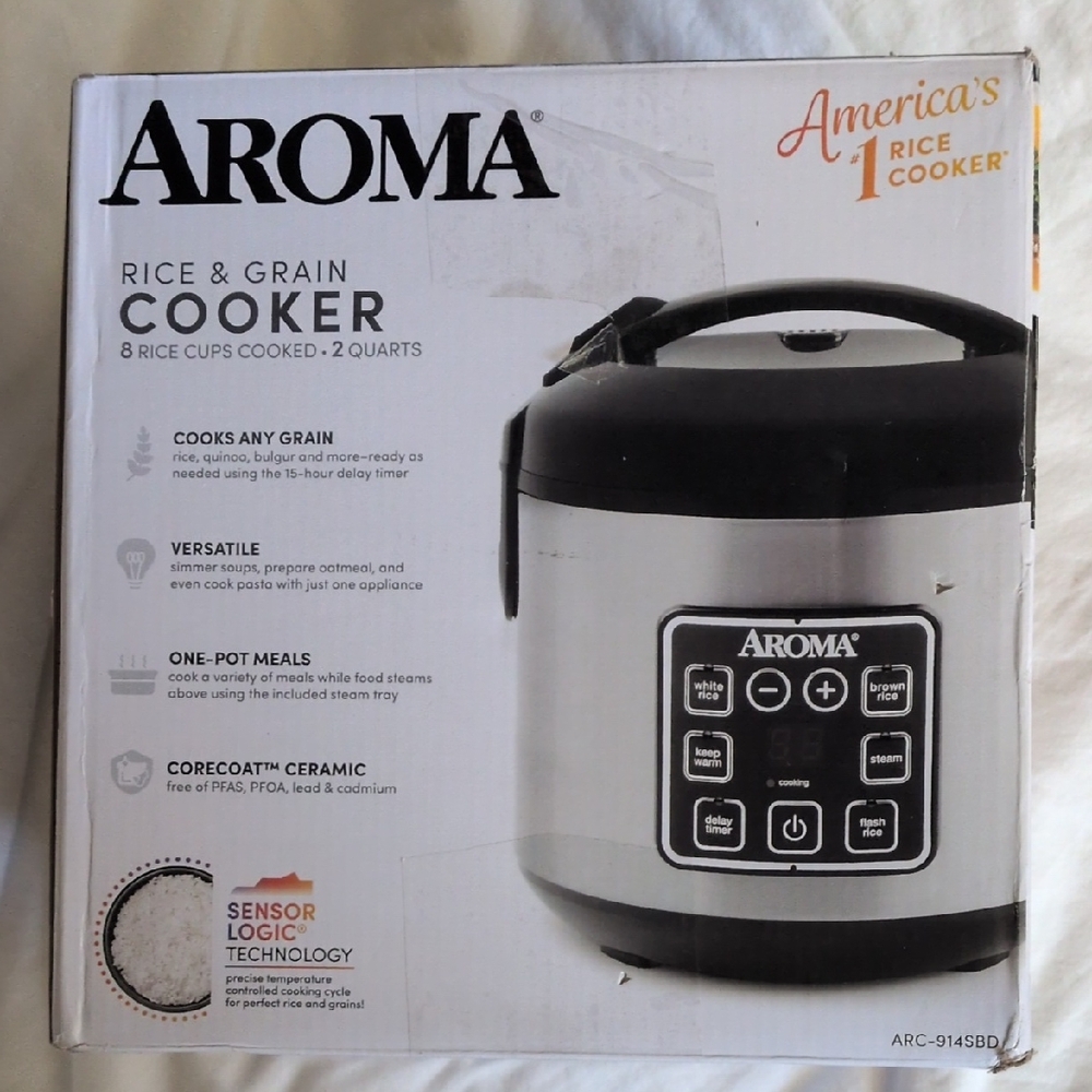 Aroma Rice & Grain Cooker - Silver and Black